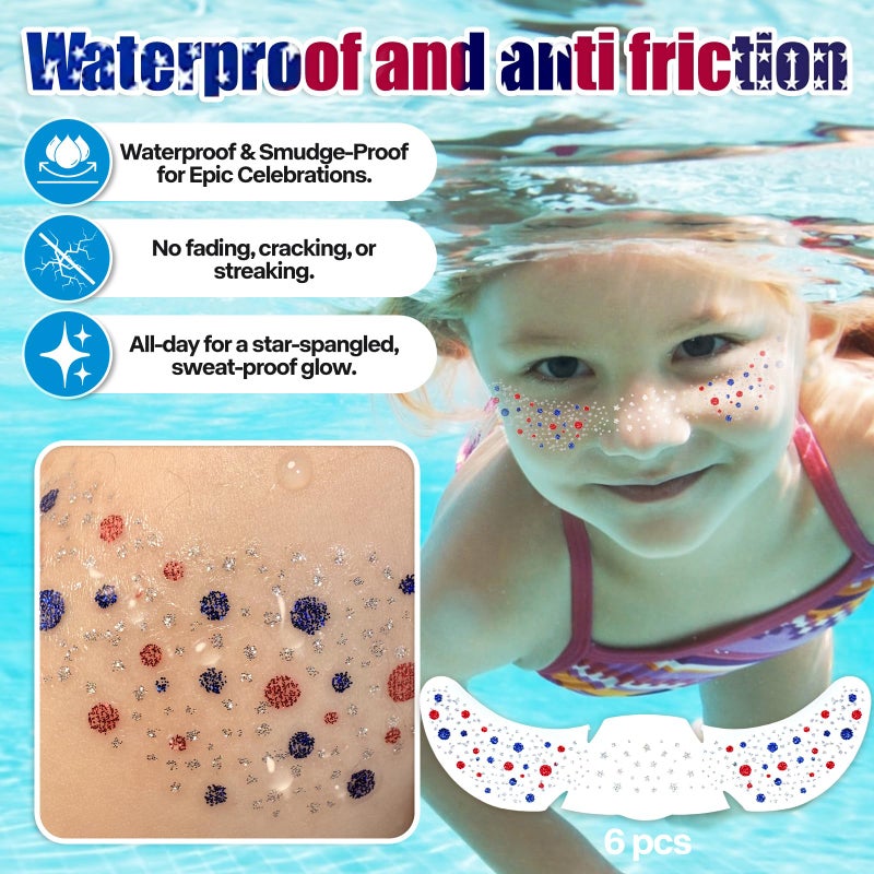 Go Ho Patriotic Red White and Blue Glitter Freckles Face Tattoo,4th of July Freckles Sparkle,4th of July Outfits for Women Kids,Fourth of July Glitter Stickers on Independence Day,6 Pcs - Image 5